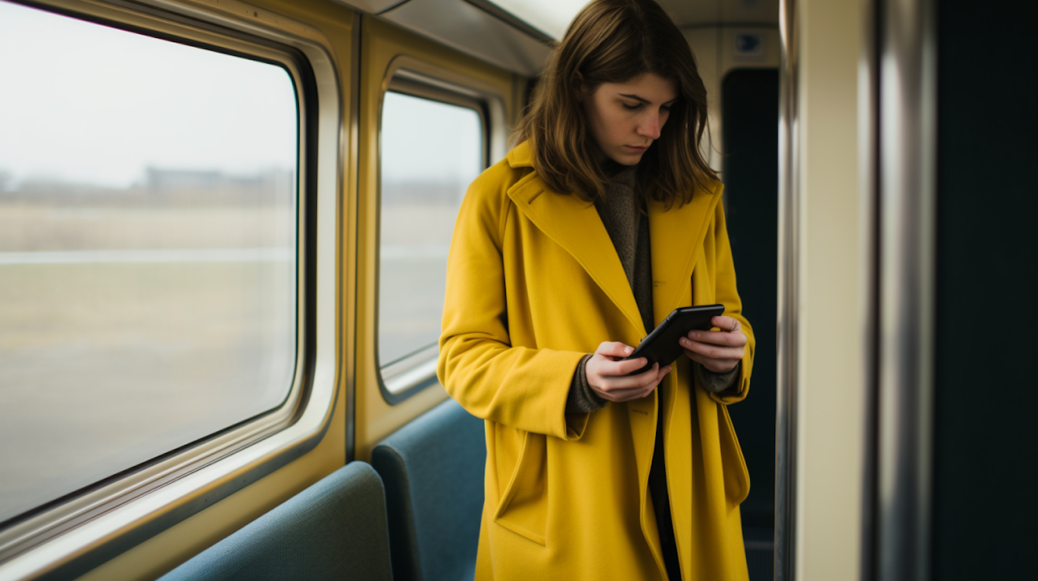 Commuter in Yellow Engrossed in Smartphone on Train