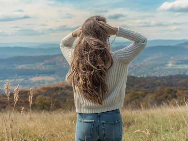 Woman in Meadow Overlooking Mountains