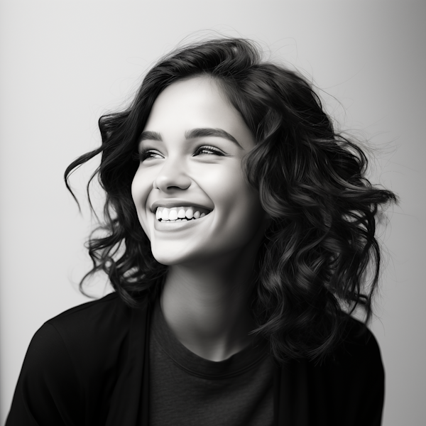 Joyful Young Woman in Grayscale