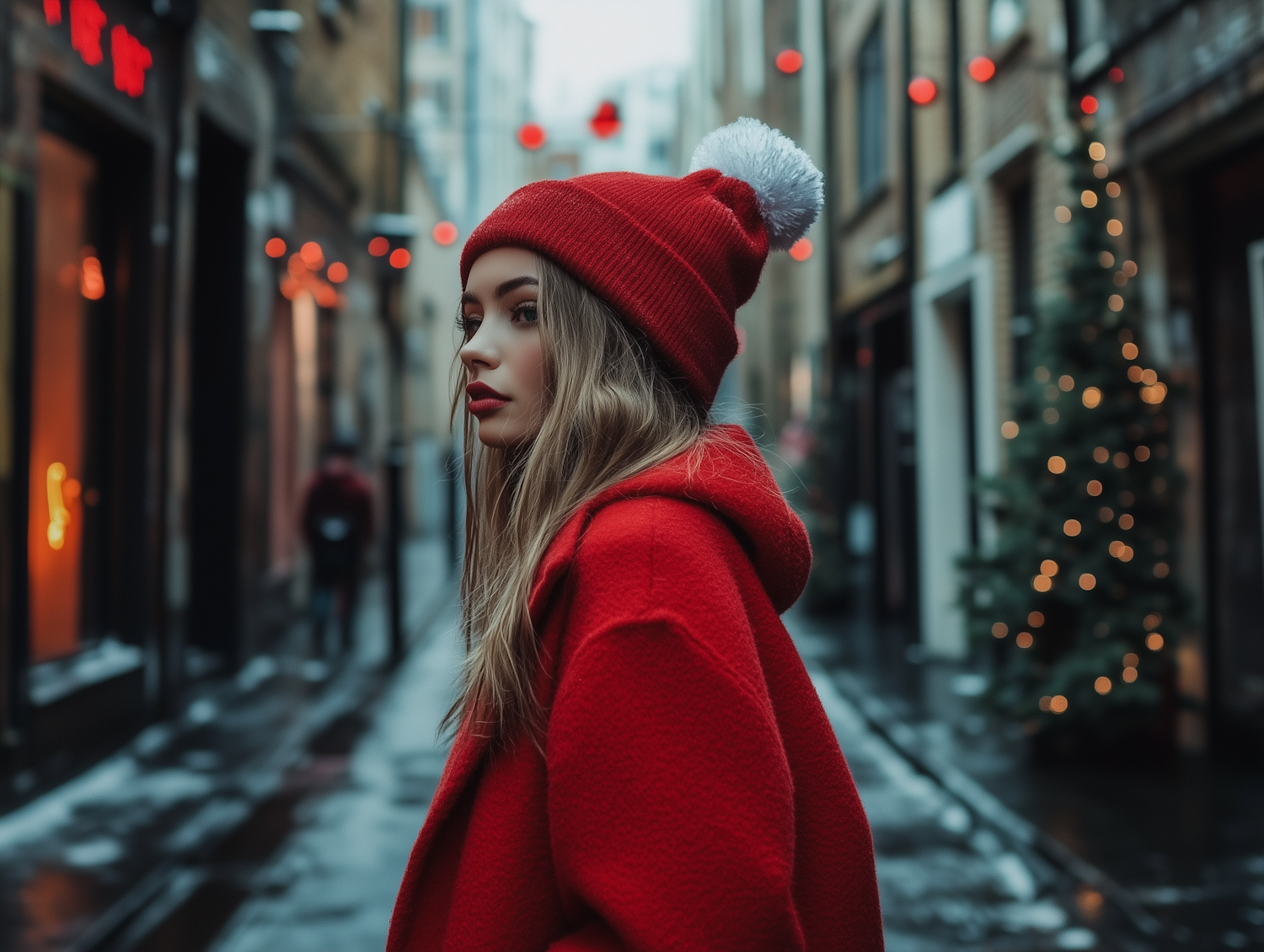 Woman in Urban Alleyway with Festive Decor