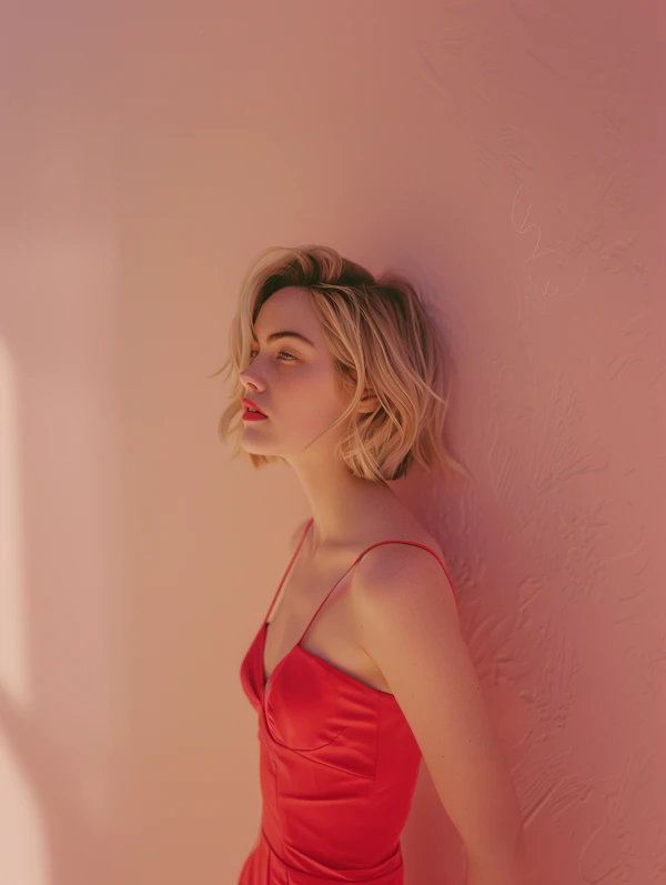 Woman in Red Dress Against Textured Wall