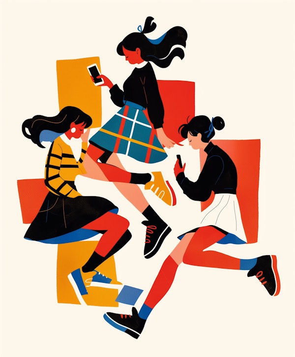 Stylized Young Women with Smartphones