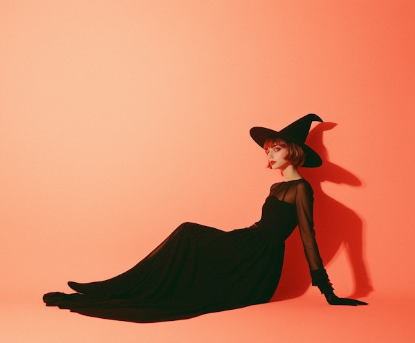 Woman in Witch Costume Against Orange Background