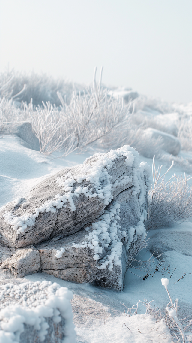 Serene Snowy Landscape with Frosted Rock