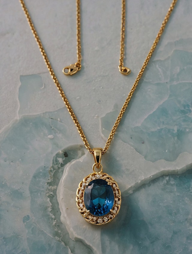 Gold Necklace with Blue Gemstone Pendant