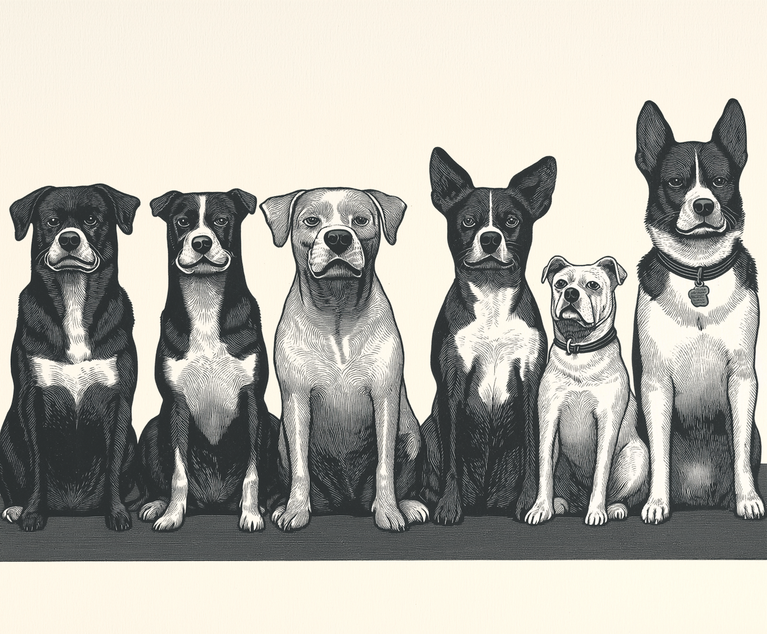 Monochrome Illustration of Five Dogs