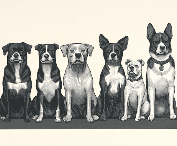 Monochrome Illustration of Five Dogs