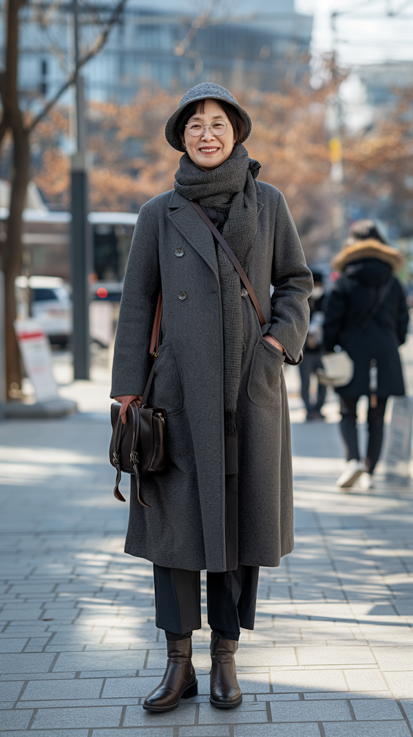 Smiling Asian Woman Outdoors in Cool Weather