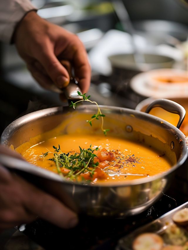 Chef Garnishing Dish in Kitchen