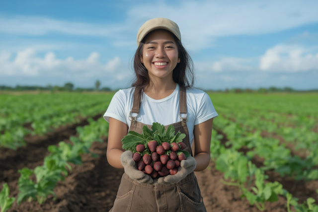 Joyful Farmer in Strawberry Field