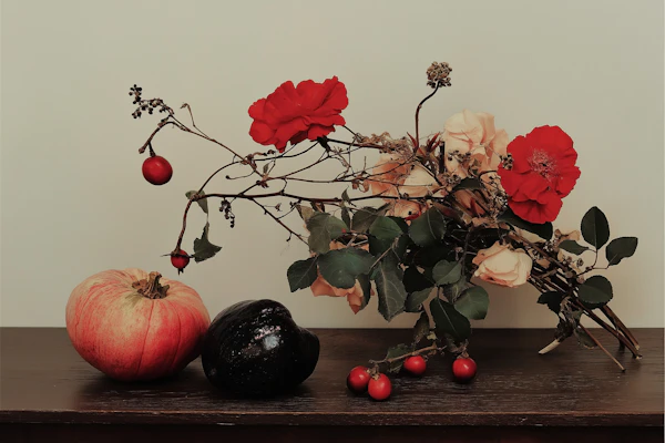 Autumnal Still Life with Flowers and Gourds