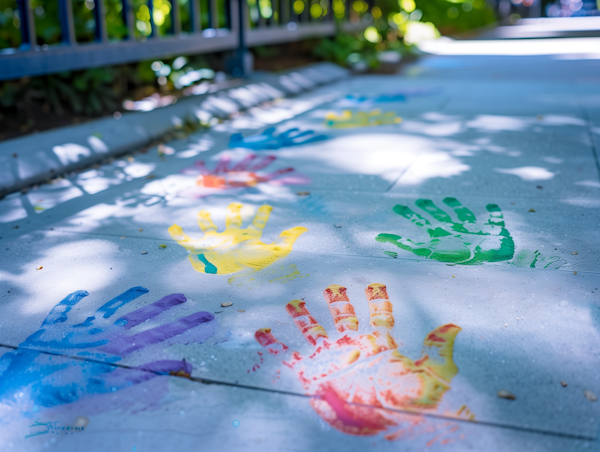 Colorful Handprint Art on Sidewalk