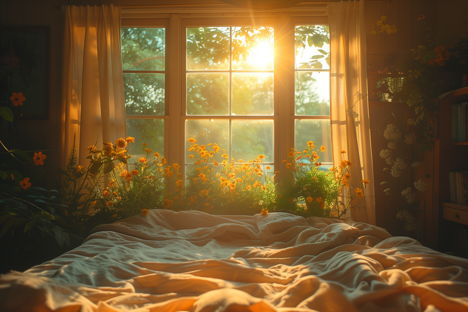 Serene Bedroom with Morning Sunlight