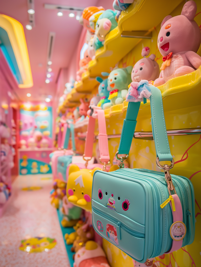 Colorful Children's Store Aisle with Plush Toys and Themed Bags