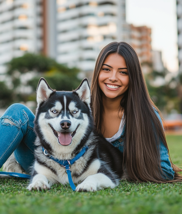 Young Woman and Husky Dog in Urban Park