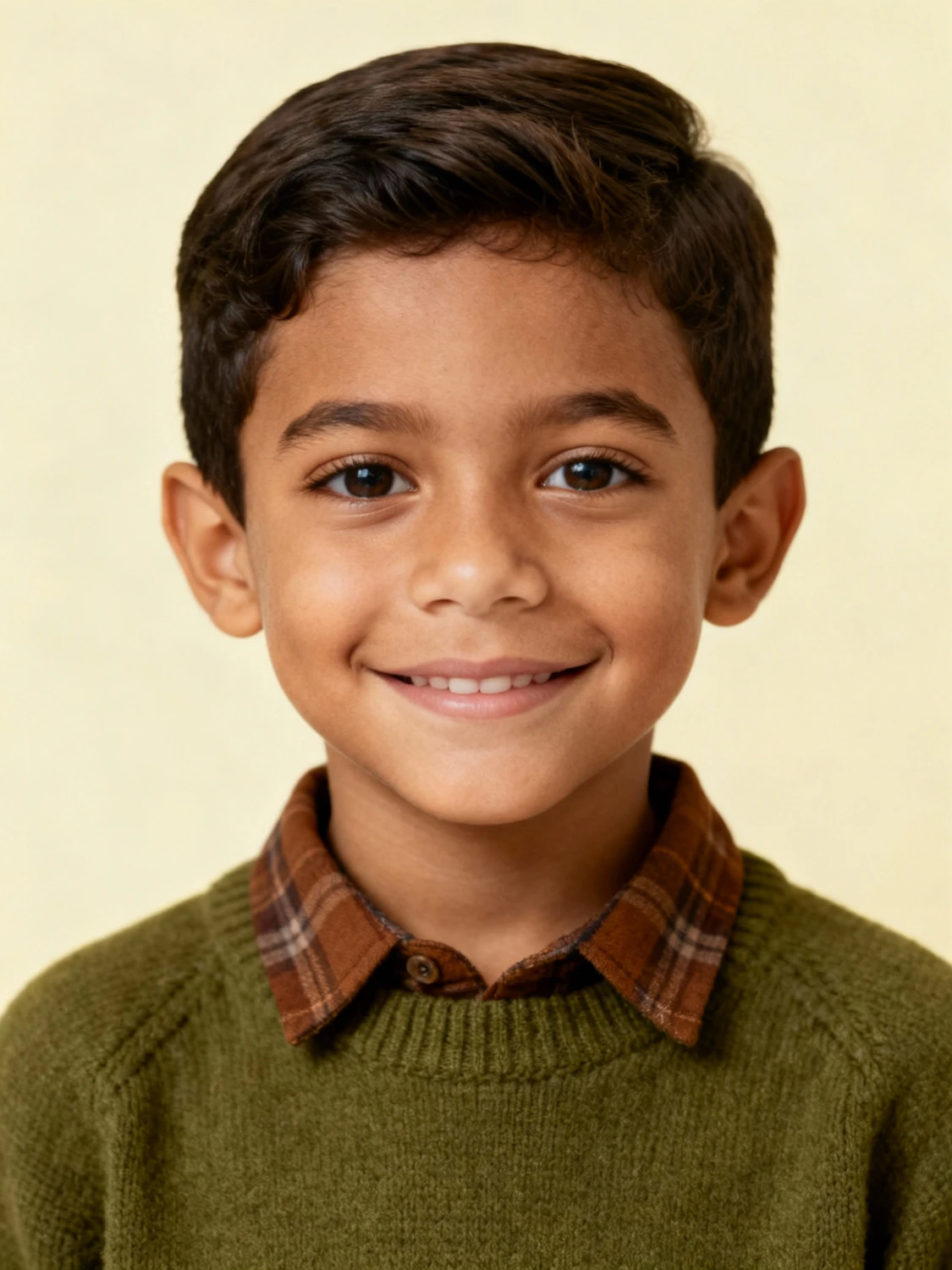 Smiling young boy with a tidy short haircut in a green sweater and plaid shirt