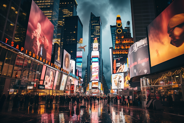 Illuminated Times Square After Rainfall