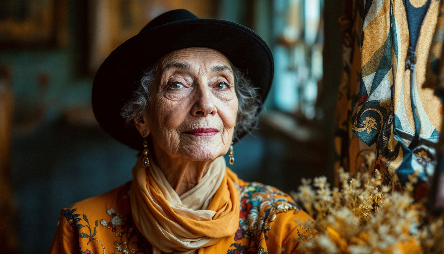 Elderly Woman in Vibrant Garment