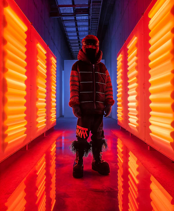Mysterious Figure in Futuristic Corridor