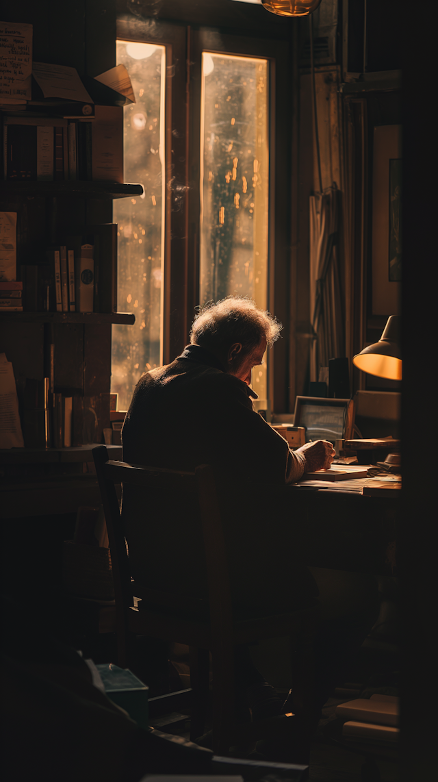 Elderly Man Reading at His Desk