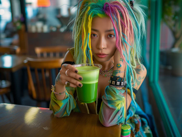 Eclectic Woman with Colorful Hair and Green Smoothie