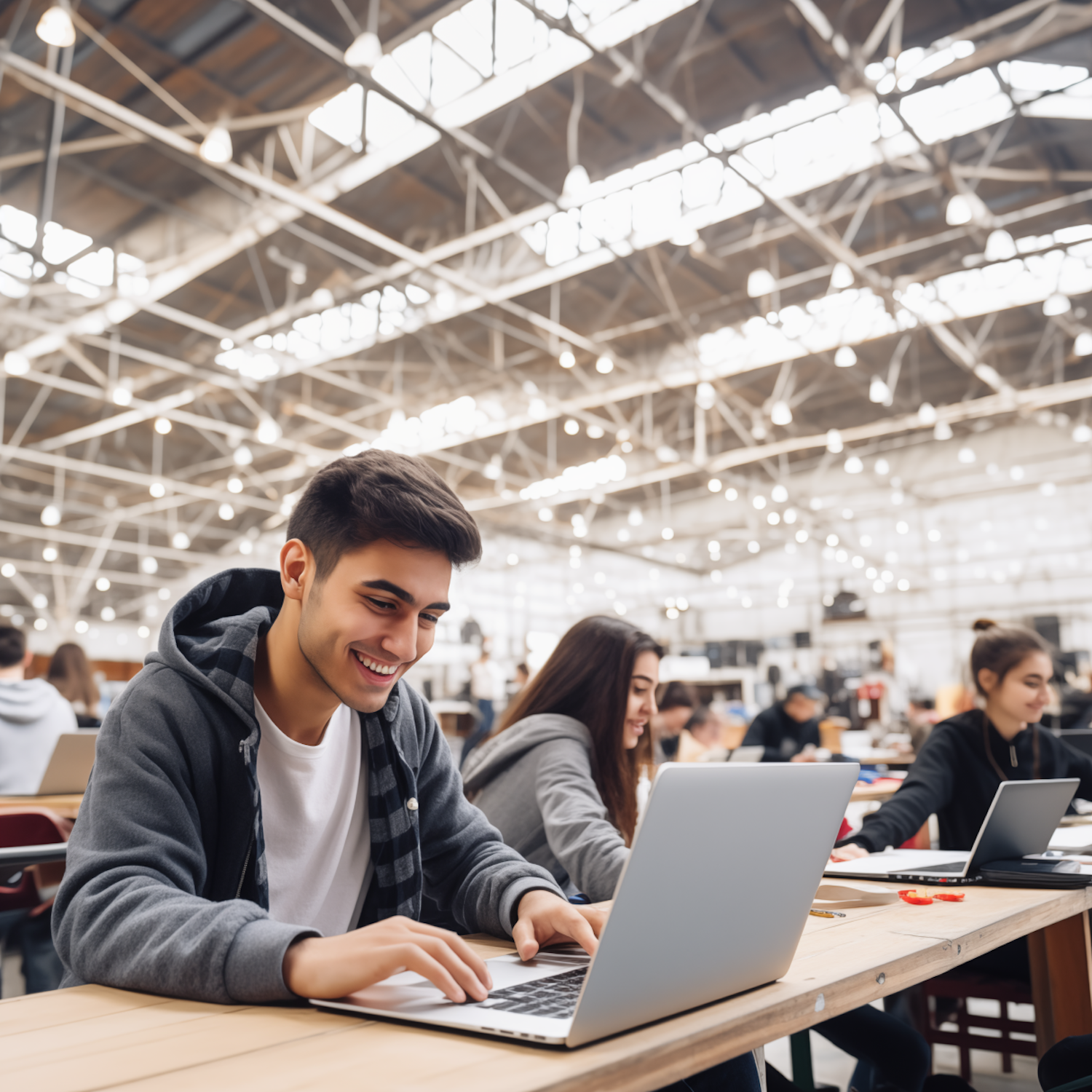 Relaxed Young Man with Laptop in Communal Workspace