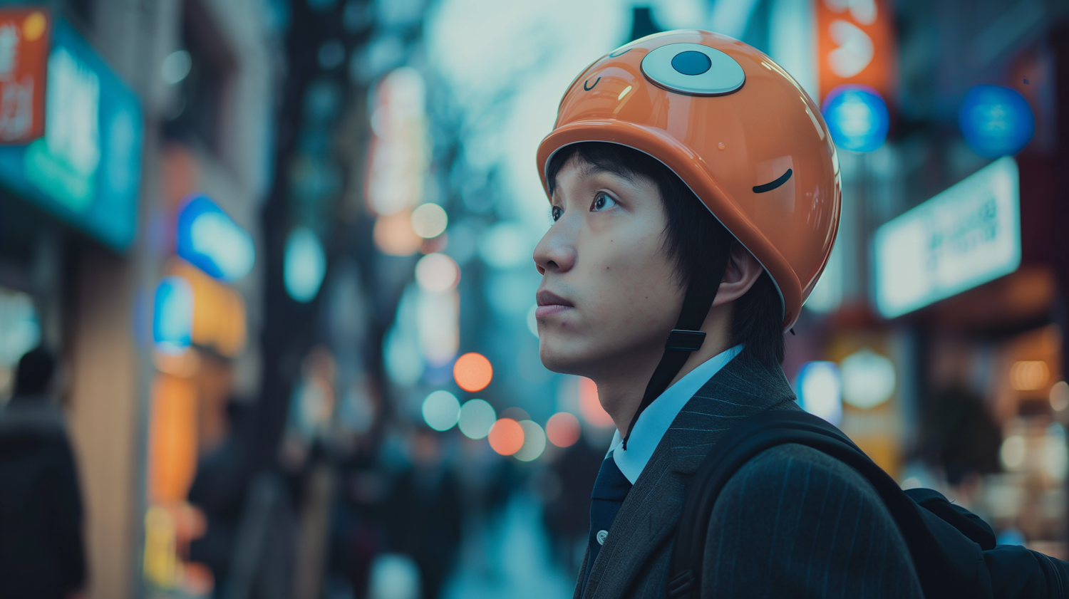 Thoughtful Man with Smiley Helmet in Urban Setting