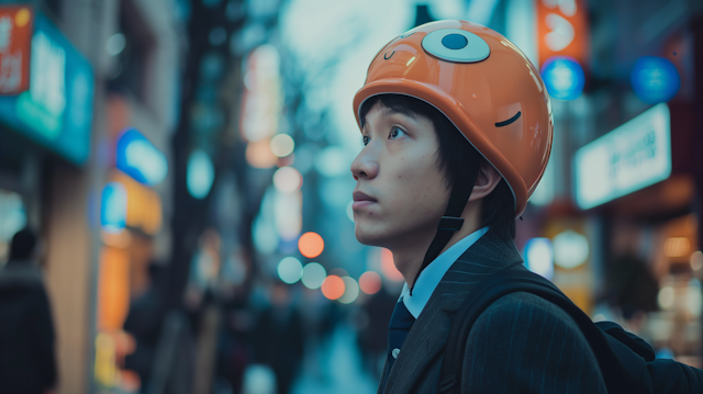 Thoughtful Man with Smiley Helmet in Urban Setting