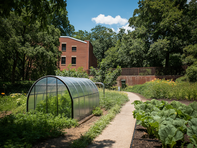 Lush Garden with Greenhouse