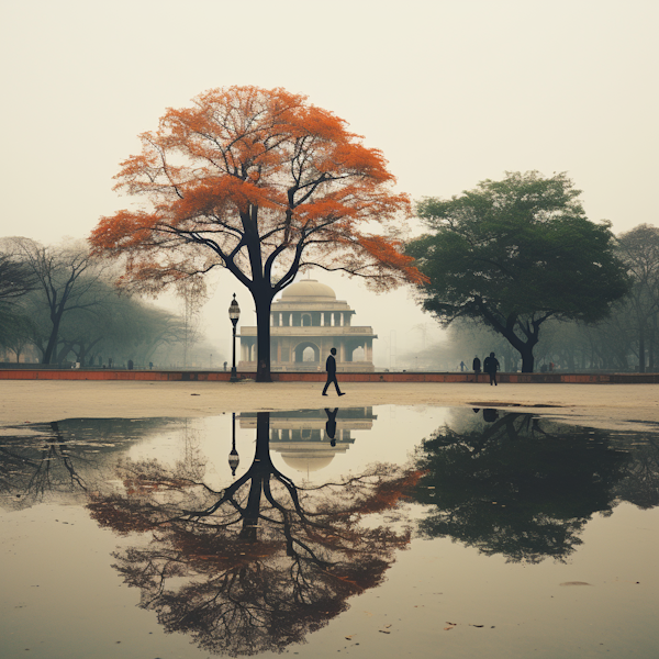 Misty Autumn Serenity with Reflective Puddle