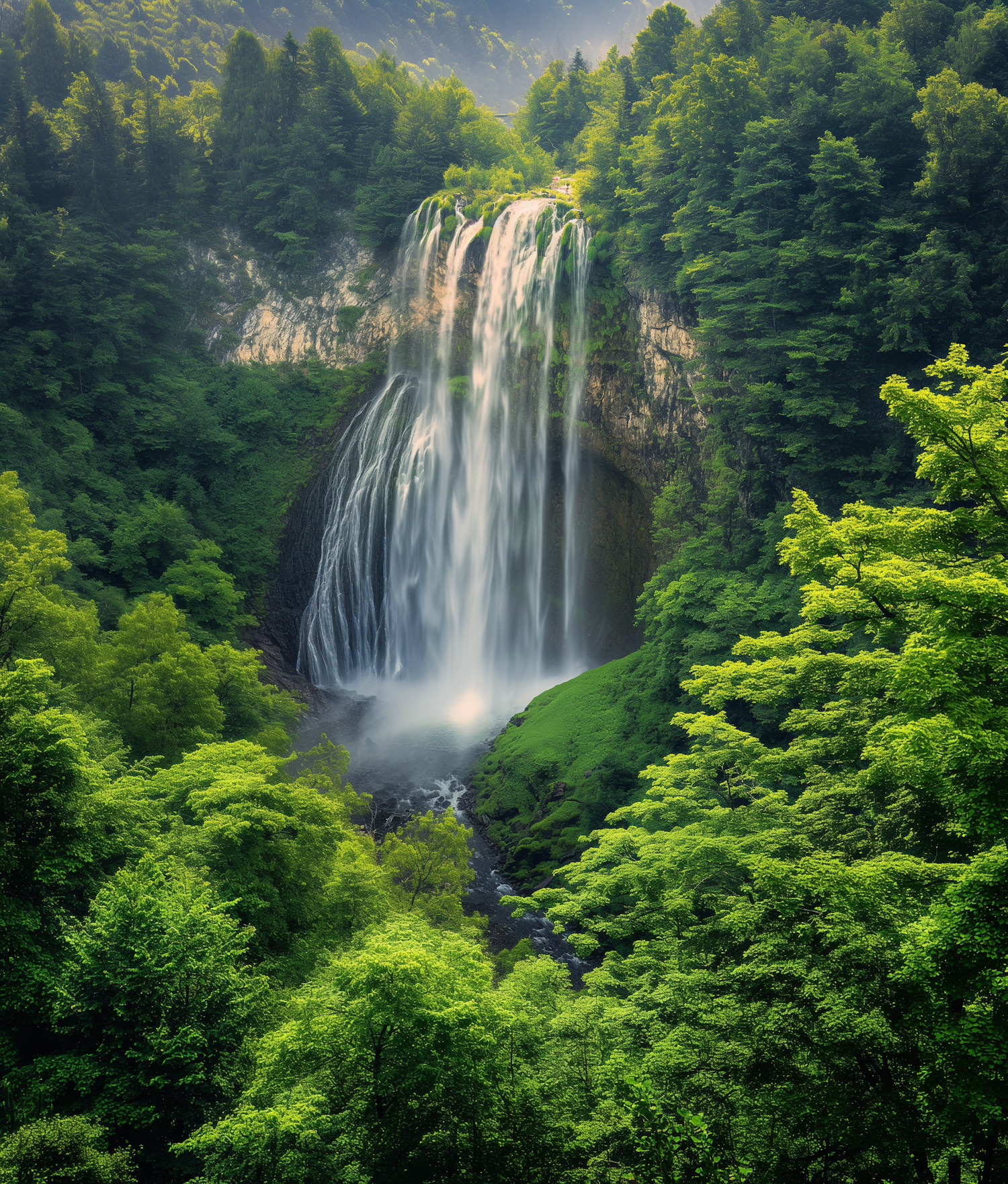 Majestic Waterfall in Lush Forest