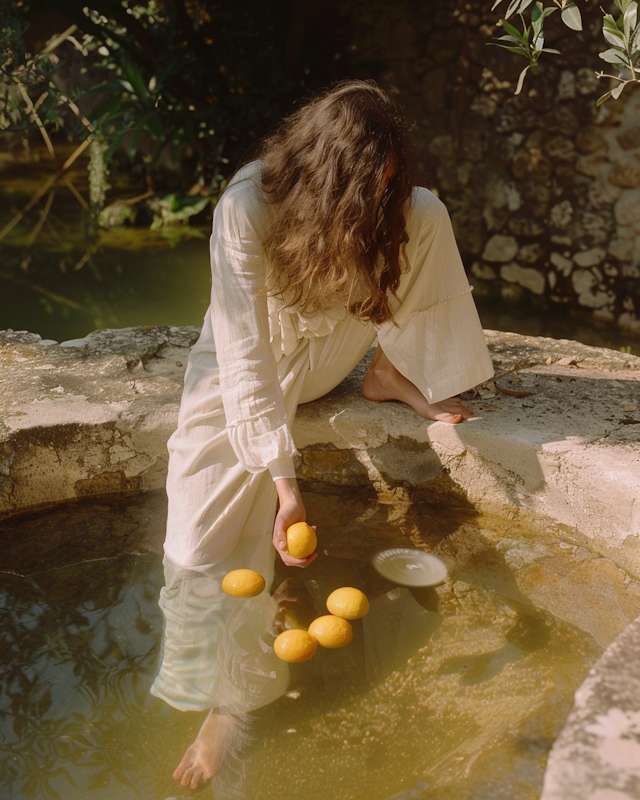 Woman interacting with lemons on water