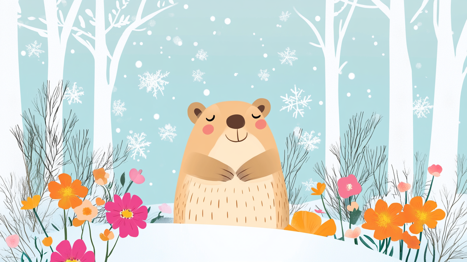 Cheerful Cartoon Groundhog in Snowy Landscape