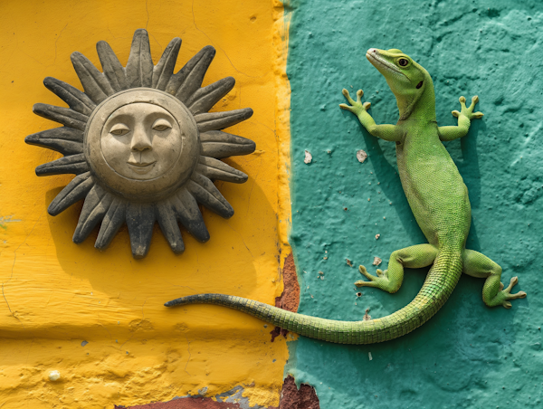 Vibrant Wall with Sun Sculpture and Lizard