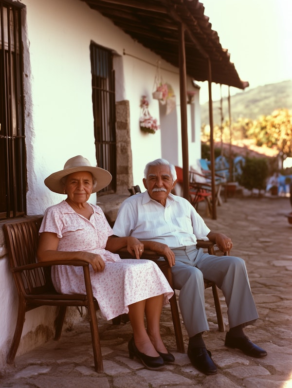 Elderly Couple Outside Traditional House