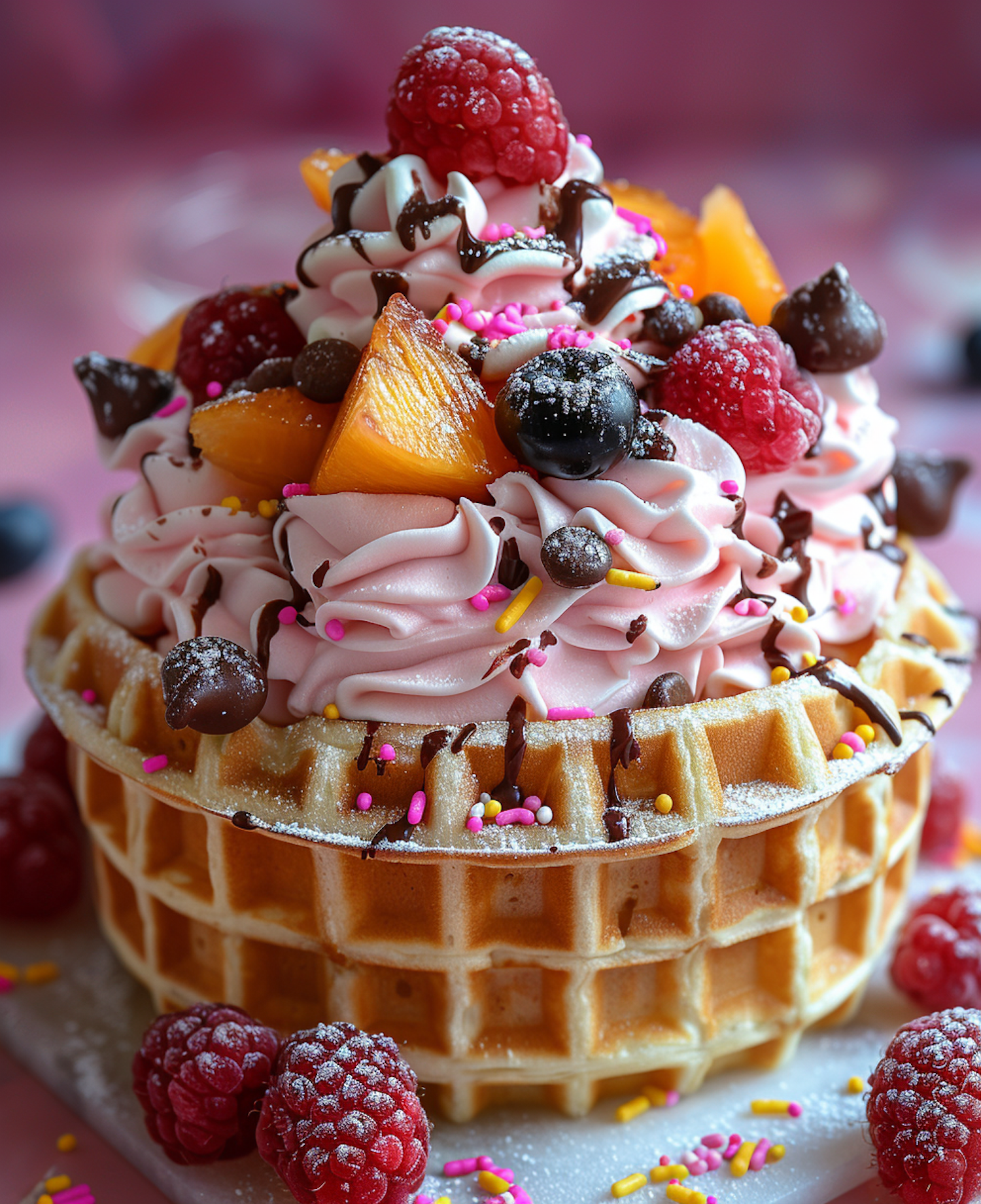 Elaborate Fruit and Chocolate Waffle Dessert