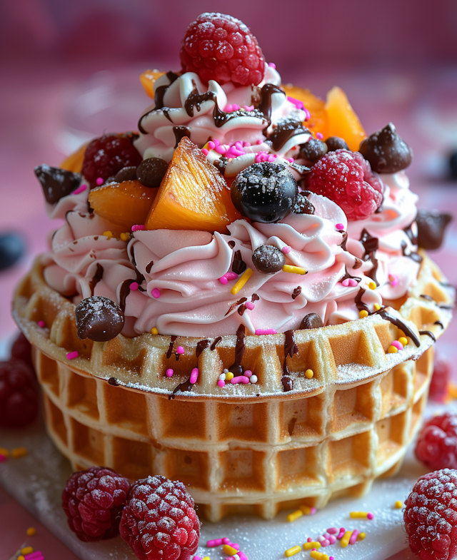 Elaborate Fruit and Chocolate Waffle Dessert