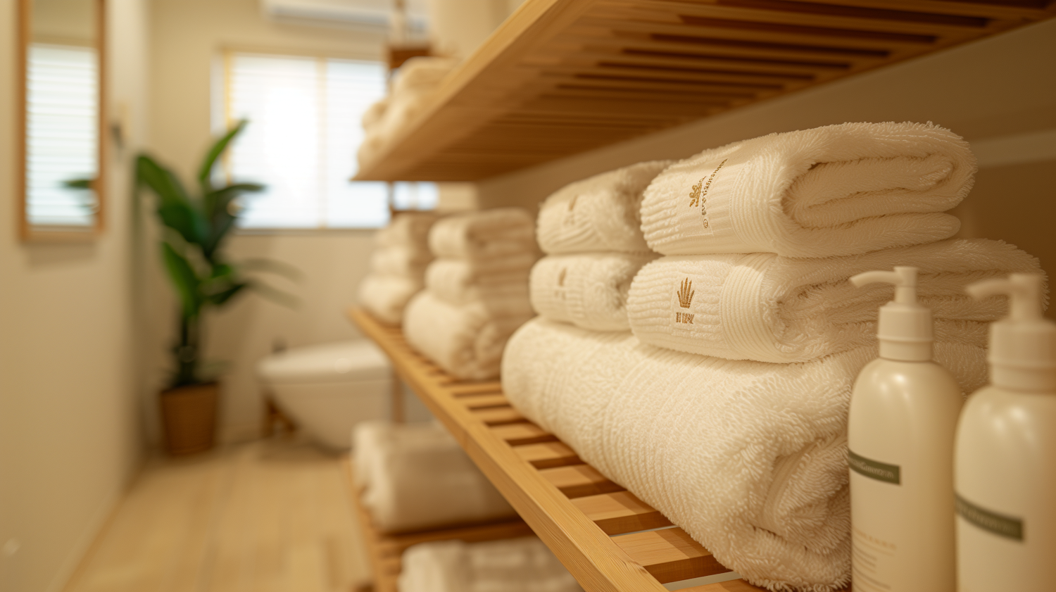 Elegant Bathroom Interior with Stacked Towels and Spa Products