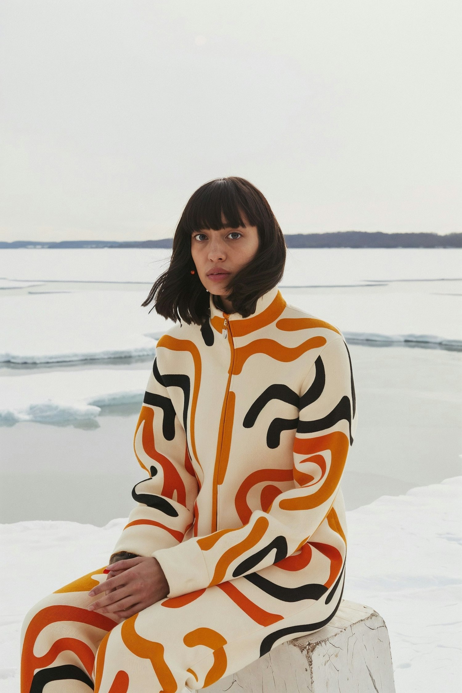 Woman Seated by Frozen Lake