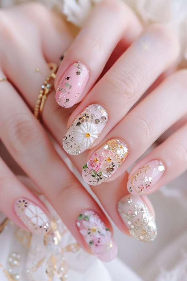Pink floral nail art