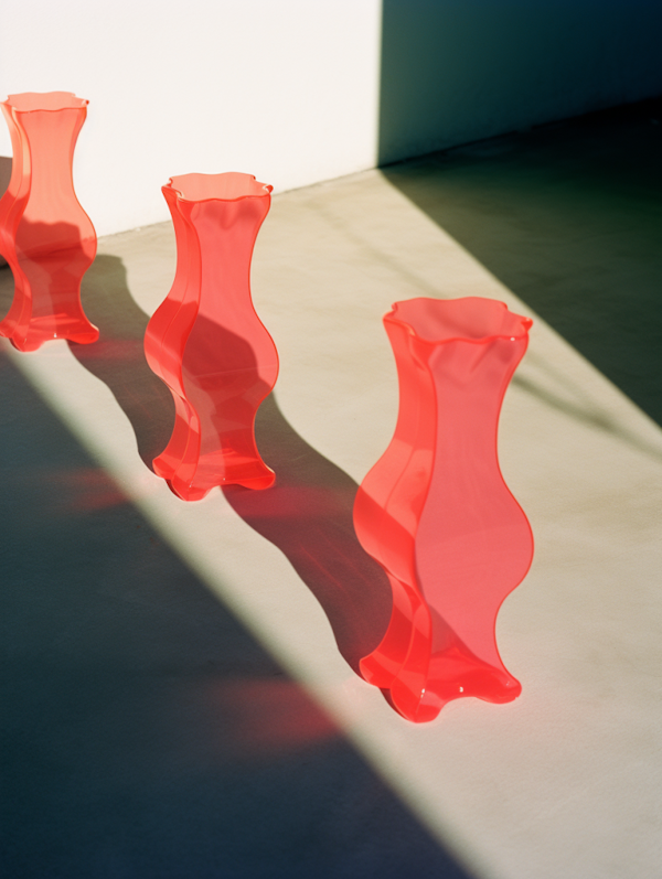 Diagonal Dance of Sunlit Red Hourglass Vases