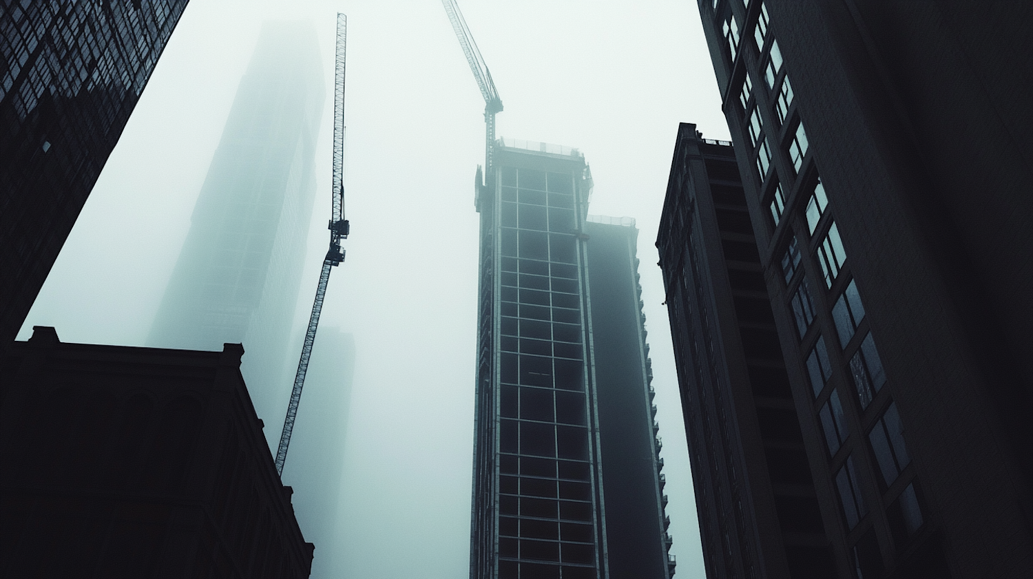 Foggy Cityscape with Cranes