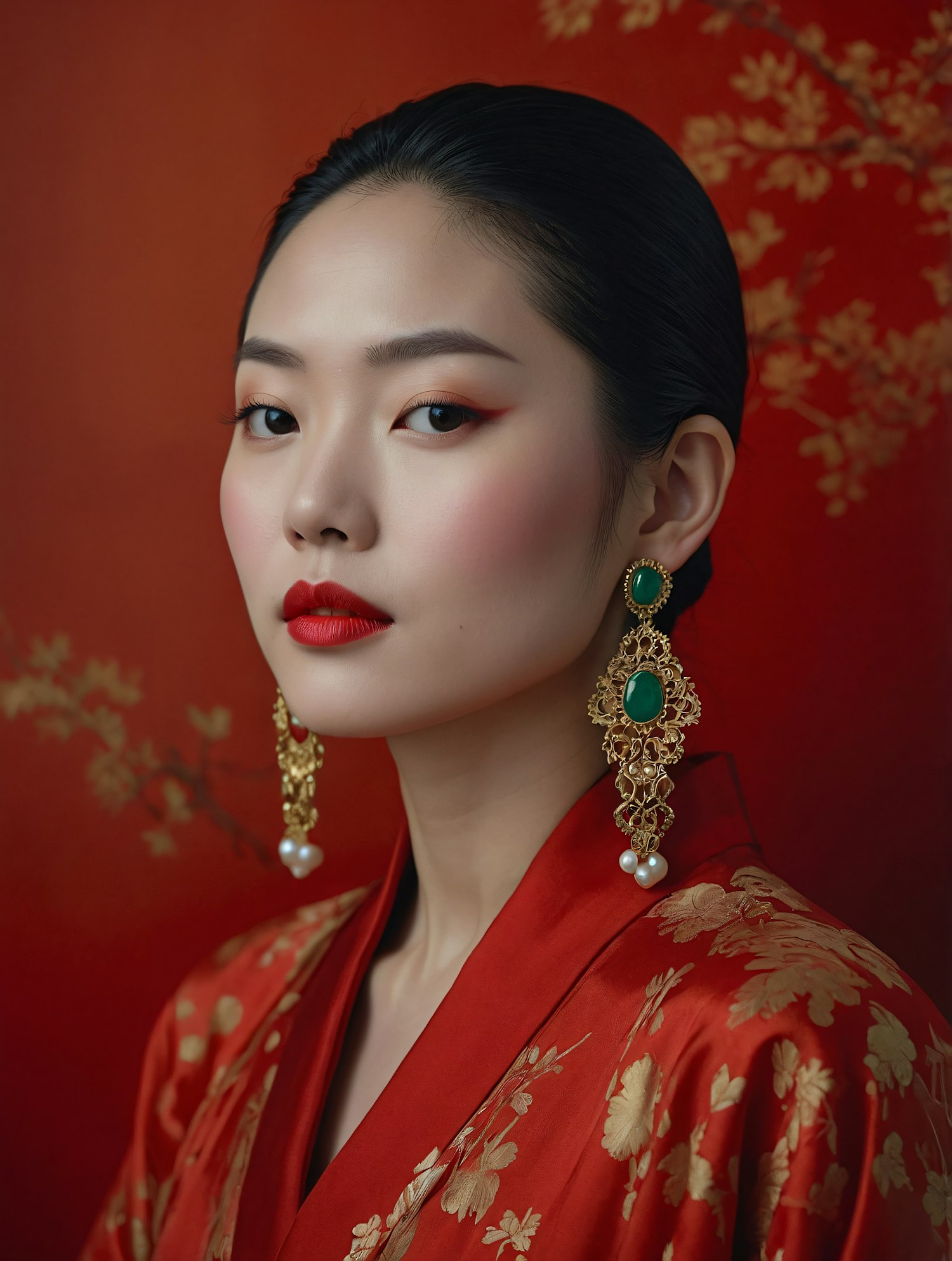 Elegant Woman in Red and Gold