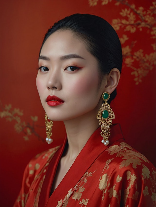 Elegant Woman in Red and Gold