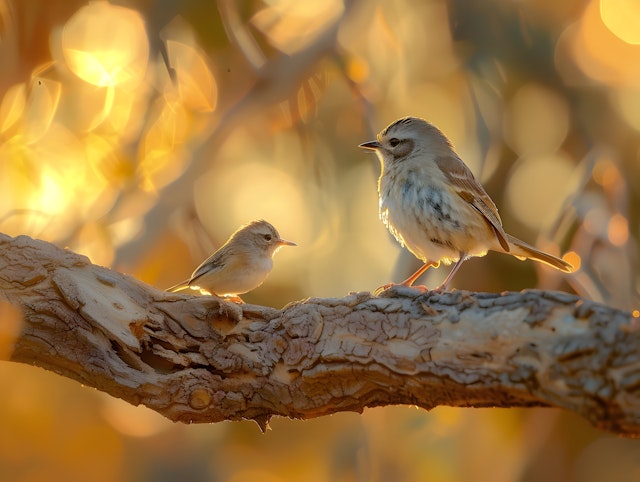 Birds on a Branch in Golden Light