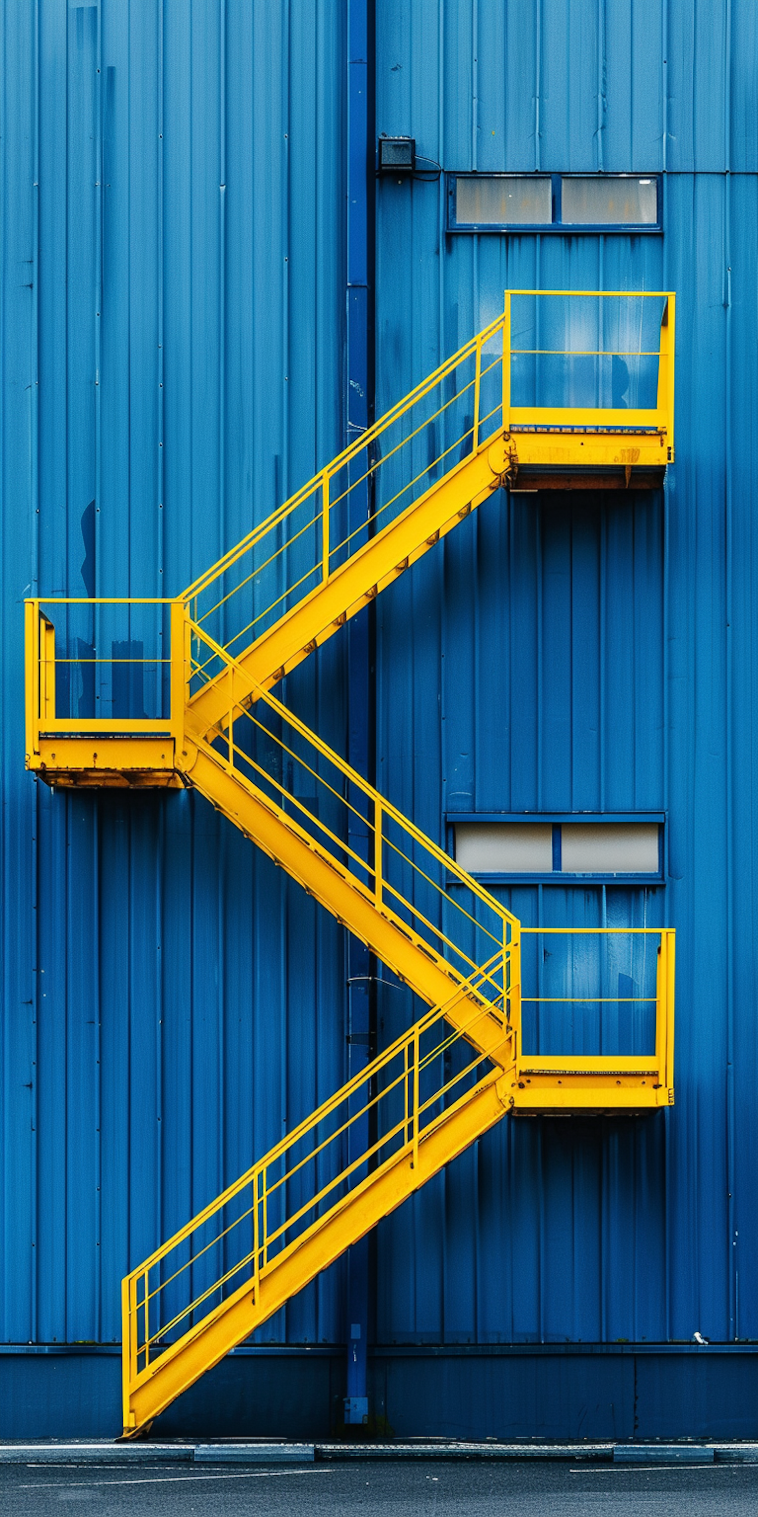 Yellow Staircase Against Blue Industrial Building