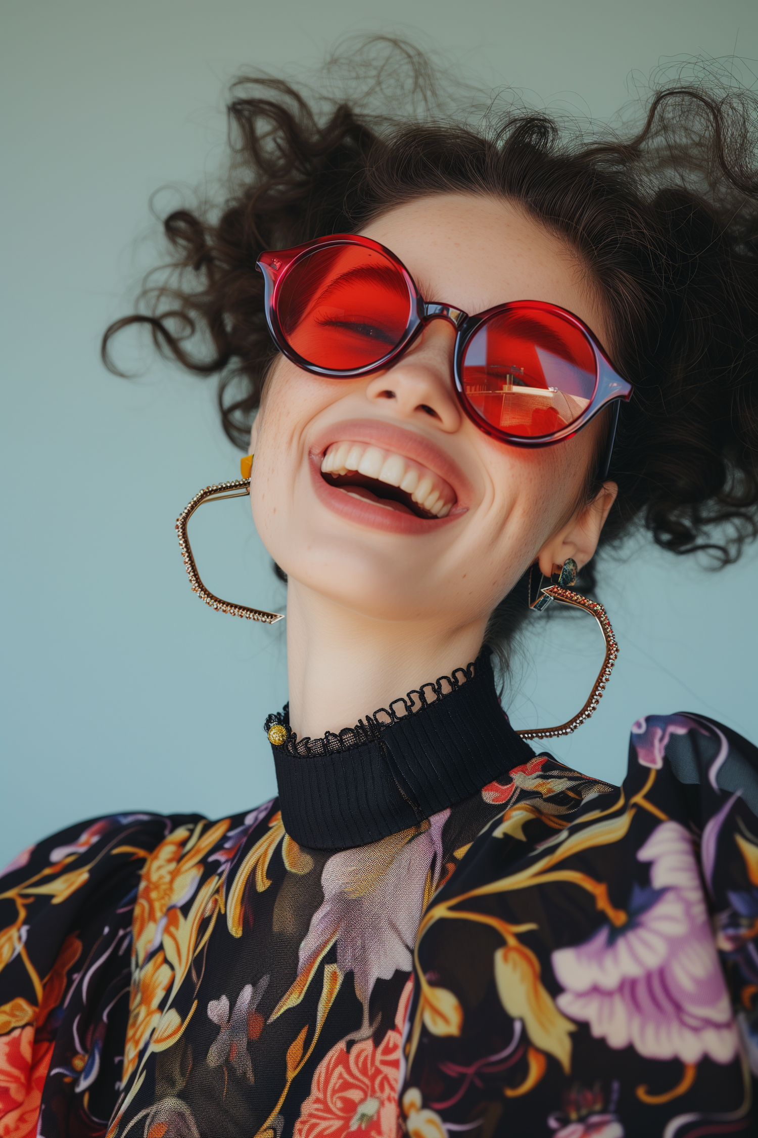 Joyful Woman with Red Sunglasses