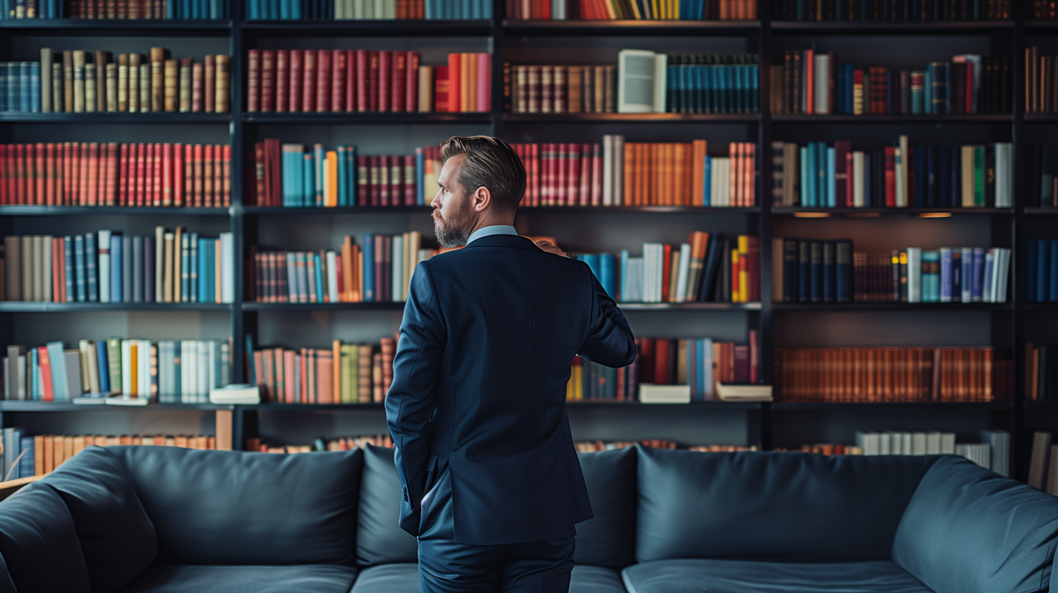 Contemplative Man in Library