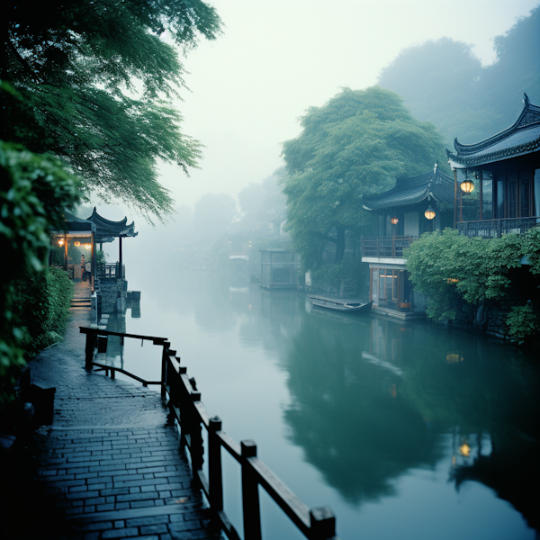 Mystical Morning in a Riverside Village