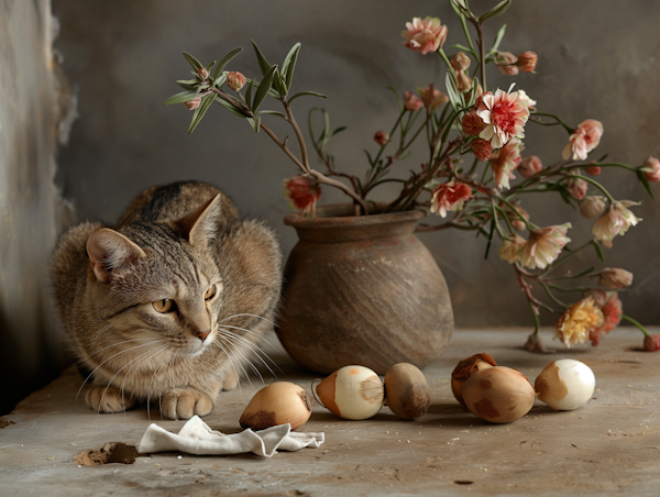 Curious Cat Amongst Broken Eggs and Flowers